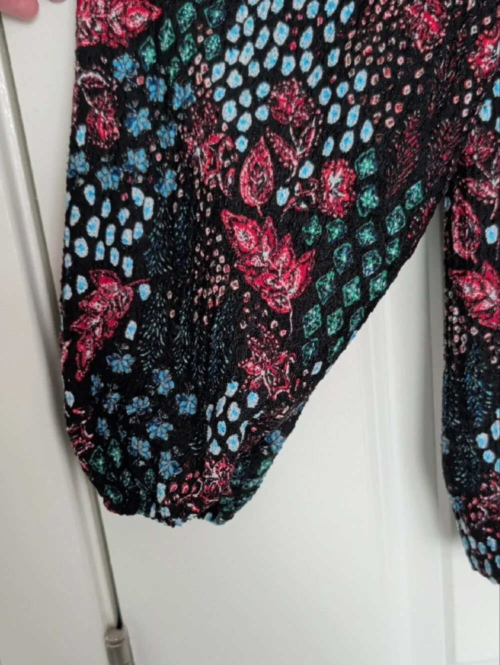 LOFT Black Floral V-Neck Puff Sleeve Blouse with Pink & Blue Accents